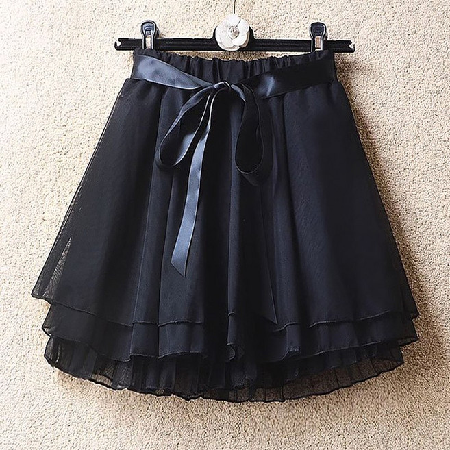 ROYALBELLE 여성 레이어드 튜튜 스커트 허리밴딩 리본 장식 샤스커트 플레어 미니 치마 E0032105