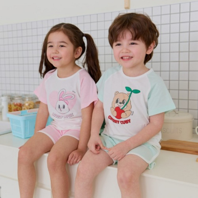 아이숲 아동용 숲프렌즈 래글런 30수싱글 반팔셋업 상하의 세트