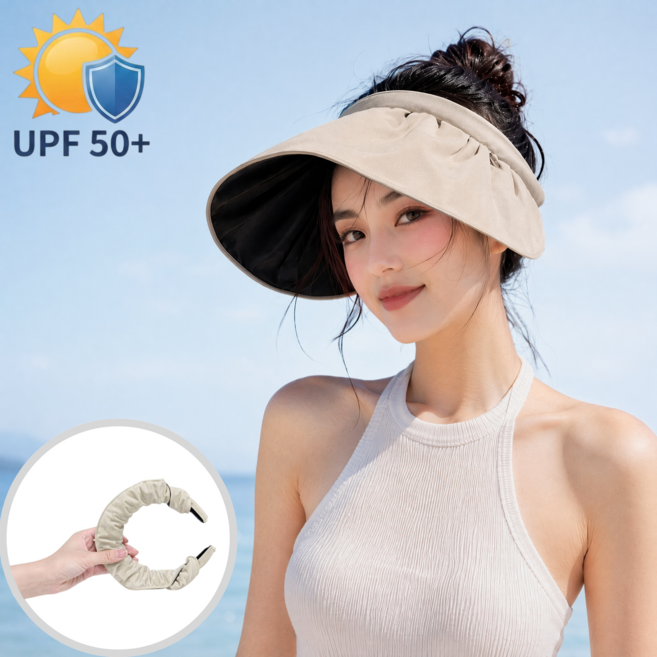 여성 썬캡 UPF50+ 자외선차단 쉘 무탑 햇빛가리개 접이식 여름모자 헤어밴드 겸용 베이잉