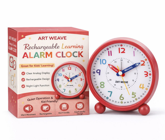 아트위브 시계공부 학습겸용 컬러풀 알람 탁상시계, 라운드 레드