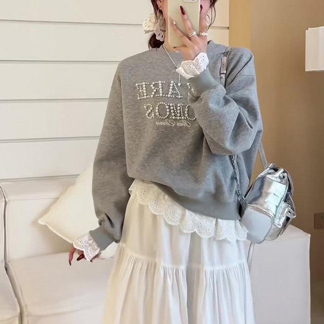 SAHINER 봄 여성 레이스 레이어드 루즈핏 맨투맨 긴팔티셔츠 LWAWY50