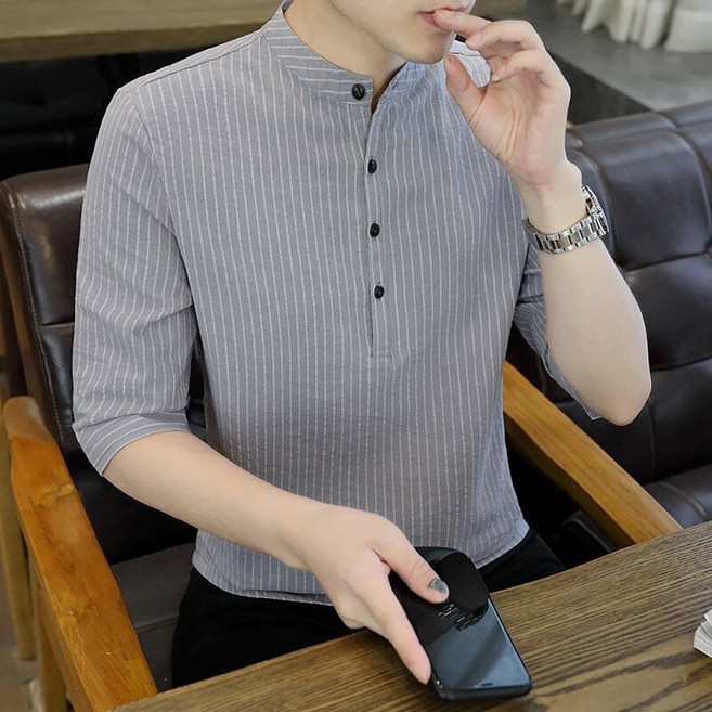 로르카 남성 헨리넥 슬림핏 스트라이프 버튼 포인트 캐주얼 데일리 심플 모던 7부 티셔츠 B06031623