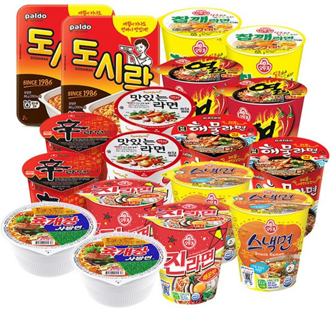 컵라면 9종 세트 (맛있는 라면 2p + 도시락 2p + 육개장 사발면 2p + 일품 해물 2p + 신라면 2p + 진라면 매운맛 2p + 열라면 2p + 참깨라면 2p + 스낵면2p), 1개
