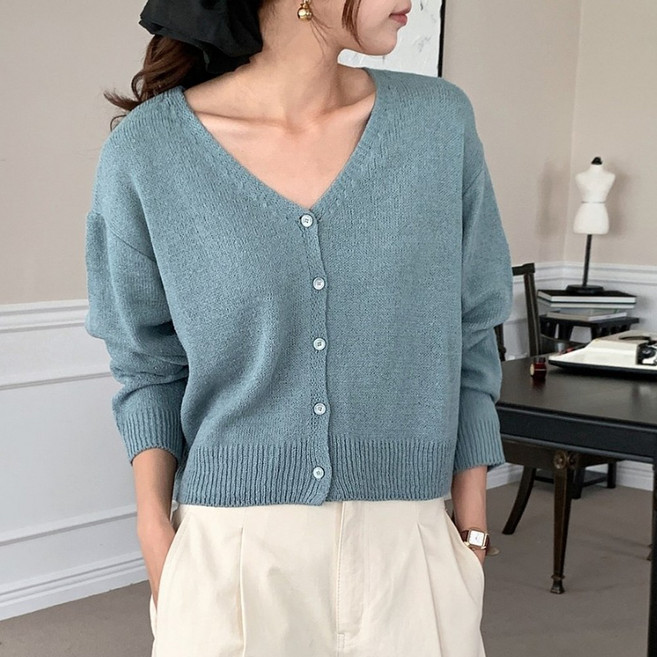 국내제작 여성 브이넥 니트 가디건 루즈핏 세미크롭 봄 가을 간절기 베이직 기본 긴팔 V넥 숏 아우터