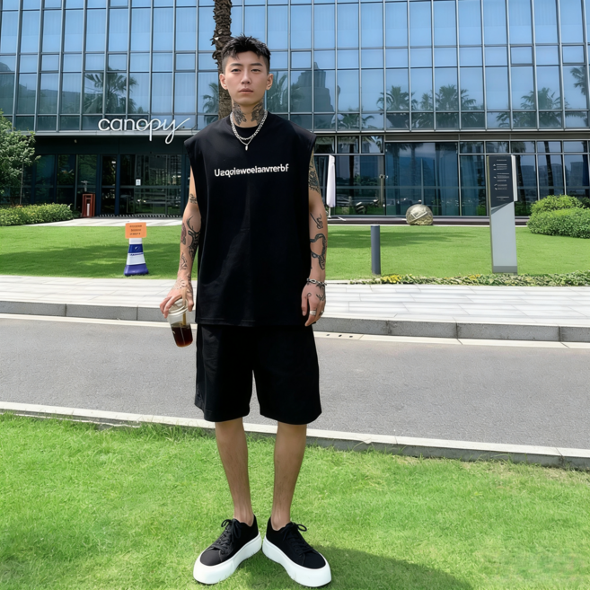 COSYEVNO 남성 여름 민소매 티셔츠 루즈핏 추상 프린트 캐주얼 Tzkbx-18