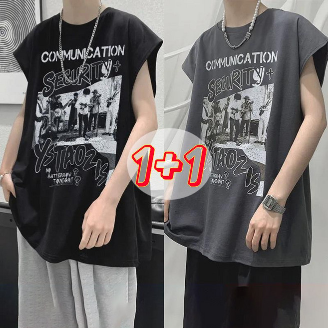 1+1 남자 루즈핏 나시티셔츠 루즈핏 민소매 티 멋스러운 프린트 반팔티 상의