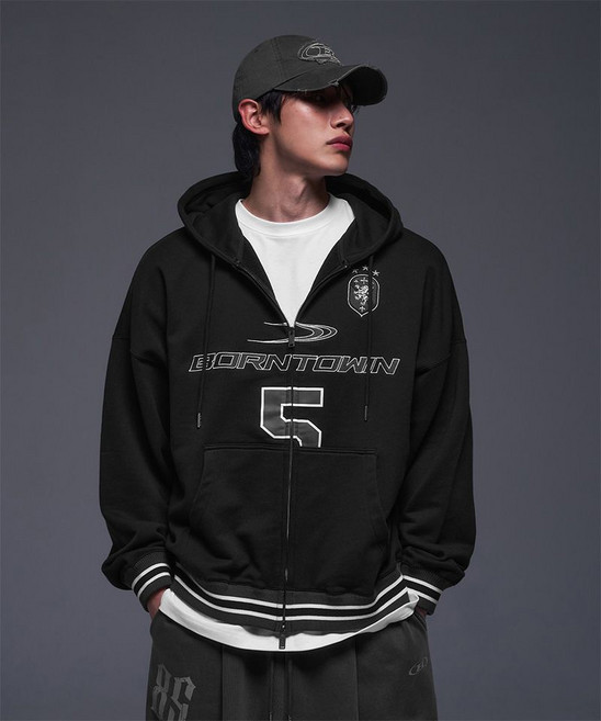 BORN TO WIN NUMBER 5 RUGBY HOODIE ZIP-UP [BLACK]