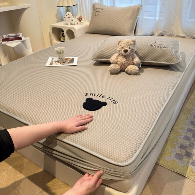 여름용 침대 시트 3종 세트 세탁기 사용 가능한 침대 커버형 가정용 에어컨 매트 PE 냉감 아이스 실크 매트, 90x200cm 싱글 냉매트, [PE 아이스빈 쿨매트 침대 커버형] 바바오 베어-카