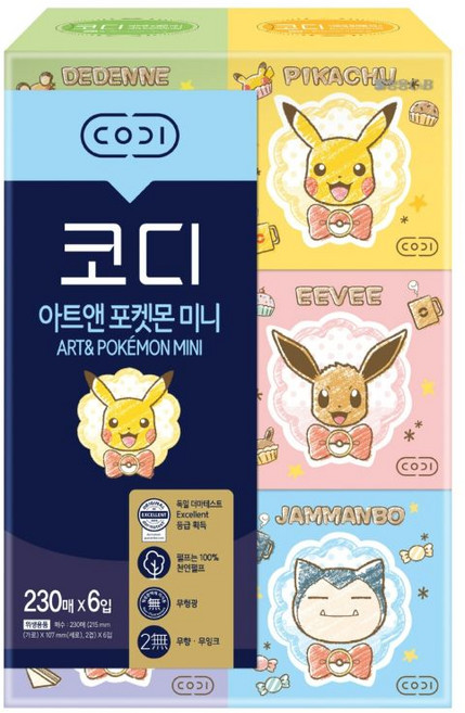 코디 아트앤 포켓몬 미니 천연펄프 각티슈 2겹 랜덤발송, 230매, 6개