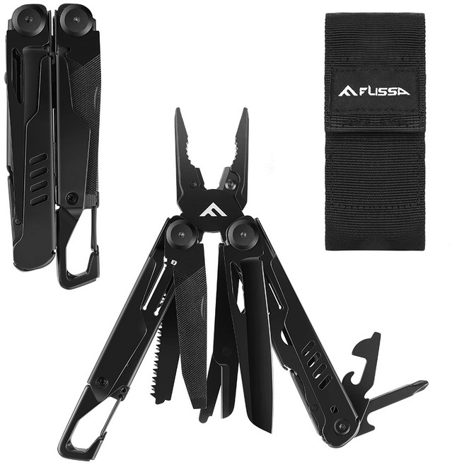 FLISSA 15in1 멀티툴 플라이어 경량 옥스포드 포켓포함 접이식 안전 잠금 아웃도어 캠핑 낚시 휴대용, 1개, 검은색