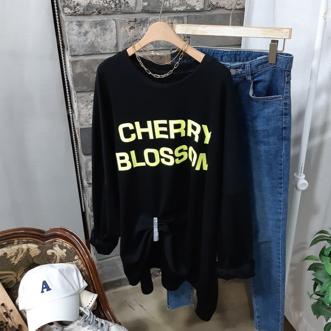 상상그이상 여성용 국내제작 간절기 체리 블러썸 박스 맨투맨 빅사이즈 홈웨어룩 힙가려주는 롱기장 뱃살커버 임산부추천 하나만 입어도 포인트되는 컬러레터링 티셔츠