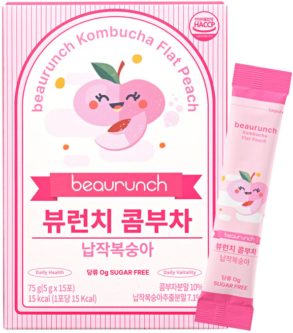 NEW 디자인 뷰런치 콤부차 납작복숭아맛 / 당류 제로 / 15kcal / 제로탄산 / 다이어트 / 유산균, 1박스, 15개입, 5g
