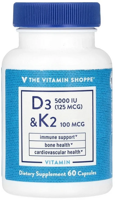 The Vitamin Shoppe Vitamin D3 & K2 60 Capsules, 5000 IU, 60 Count, 1개, 60정 - 쿠팡