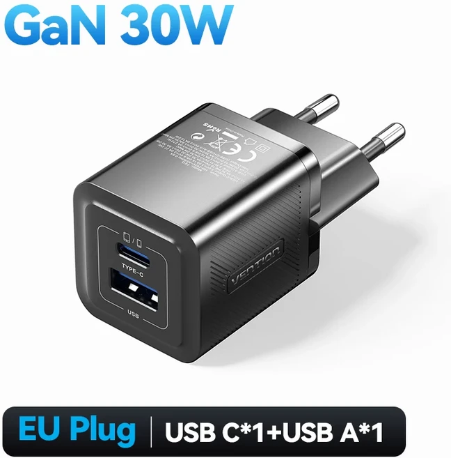 Vention 30W GaN 충전기 빠른 4.0 3.0 iPhone 15 14 13 Pro Max 노트북 PD 고속 용 유형 C USB, 04 30W GaN Black, 02 30W GaN Black