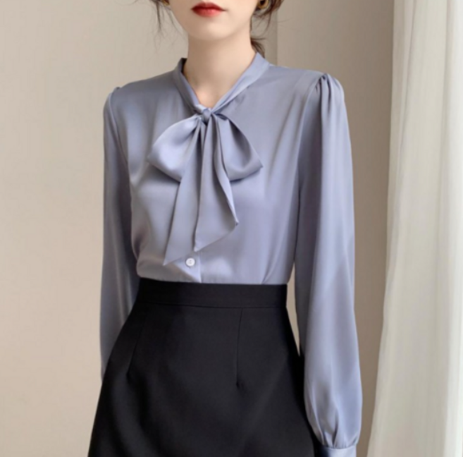 동방 여성 여자 리본 타이블라우스 스카프블라우스 정장 상의 새틴