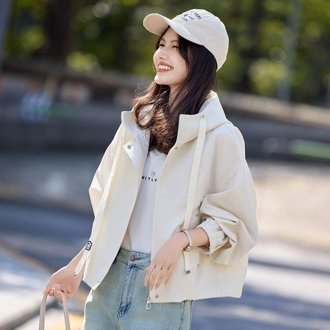 春秋新款連帽風衣外套，女生寬鬆百搭休閒夾克上衣