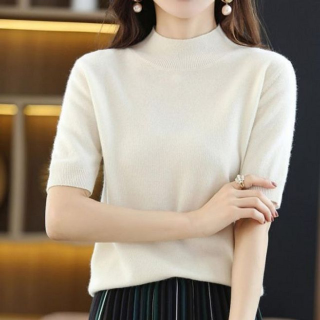 여성 간절기 이너 목폴라 무지 반팔 반목티 니트 목티 kei+90389ny