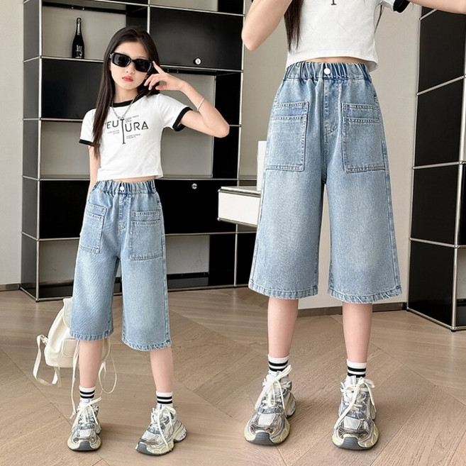 사사로이 여아용 청바지 반바지 와이드 레그 팬츠 5부 기장 크롭 팬츠 더블 포켓