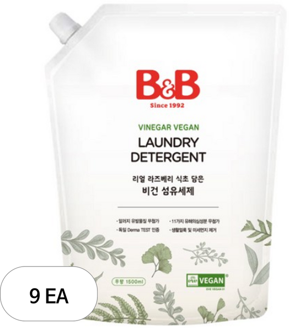 비앤비 리얼 라즈베리 식초 담은 비건 섬유세제 무향 리필, 1.5L, 9개