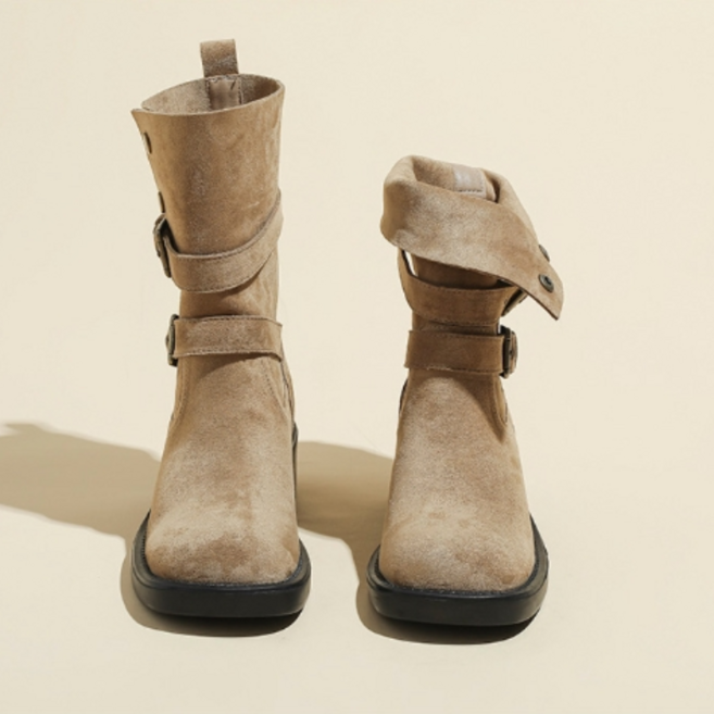 POMTOR 봄가을 멜라드 무드 투웨이 부츠 여성용 접이식 미들부츠 두꺼운 굽 통굽