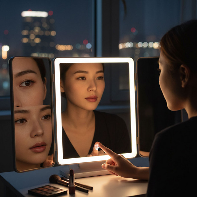 LED 화장대거울 3색 밝기조절 회전 접이식 메이크업 조명 터치 사각형 확대거울
