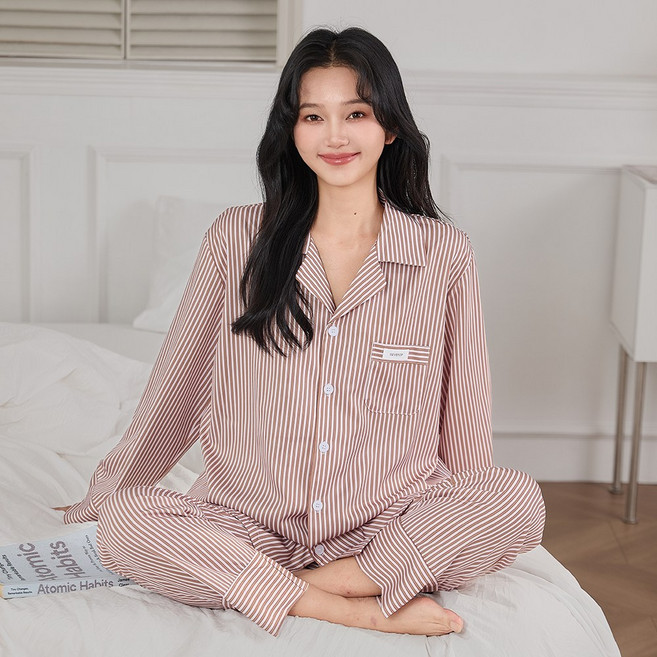 긴팔 파자마 여성 남성 잠옷 세트 커플 홈웨어 250905