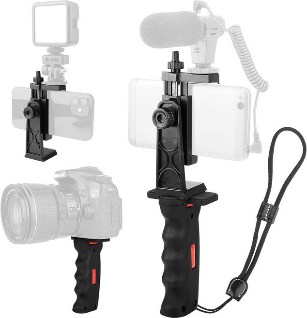 브이로그 홀더 휴대폰 카메라 핸들 그립 안정기 인체공학 영상 손잡이 셀카봉 스마트폰 홀더(콜드 슈 마운트 포함 마이크/플래시 라이트용) 손목 스트랩, Red, 1개