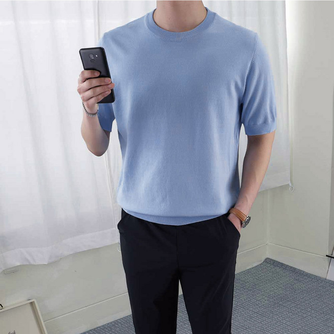 로코비전 남성 시그니처 아이스 머슬핏 라운드 반팔 니트