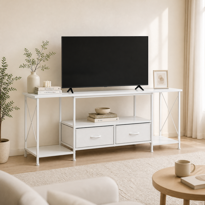 JANAE 오픈 철제 프레임 거실장 침실 거실장 TV 수납 장식장, 화이트