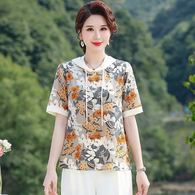 WANGBAIWAN 여성 플라워 패턴 후드 쉬폰 반팔 블라우스 루즈핏 중년 뱃살커버 프린트 맨투맨 티셔츠 S50401