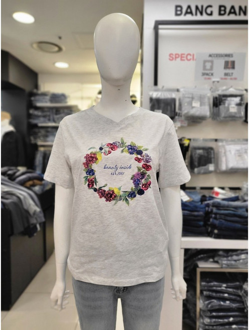 뱅뱅 여름 여성 브이넥 프린트 반팔 티셔츠 NTK537