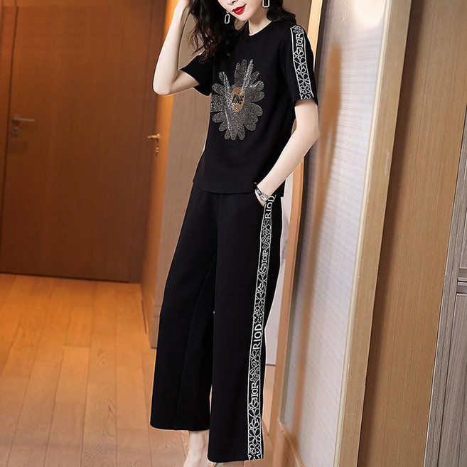 JUSTFEELING S-3XL 빅사이즈 여성 상하의세트 꽃패턴 반팔티 하이웨스트 캐주얼 와이드 운동바지 런닝복 트레이닝복 상하 투피스