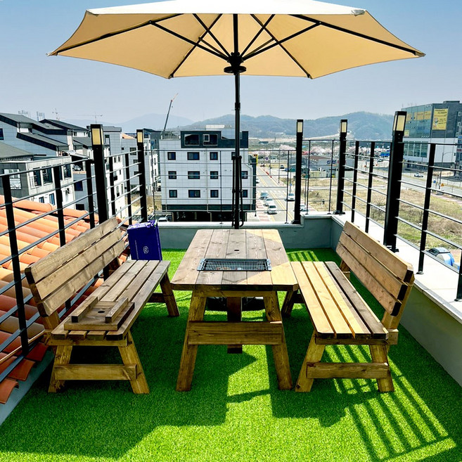 숲에온 국내생산 100% 통원목 등받이 바베큐 야외 테이블 세트 그릴 포함 의자 세트(파라솔별매), 8인용 등받이 바베큐 야외테이블 도토리색