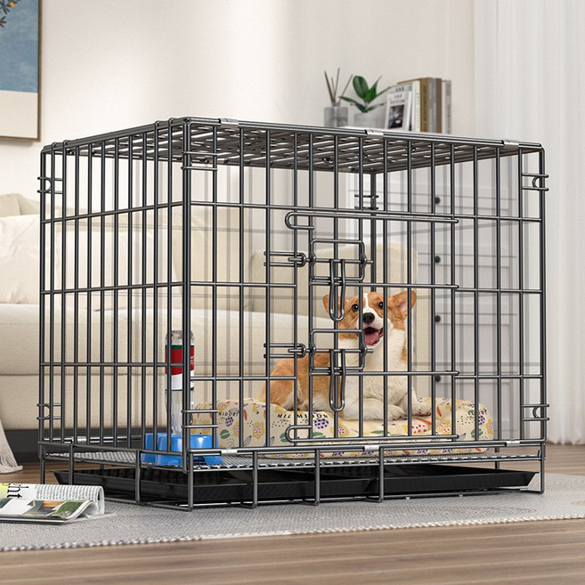 LOVFIR 강아지 고양이 철장 | 접이식 철제 펫 케이지 이중문 설계 배변판 포함 실내용 반려동물 우리 다용도 케이지, 1개, 블랙
