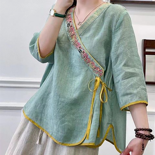 V領復古斜襟中式國風刺繡棉麻上衣 夏季寬鬆繫帶茶服