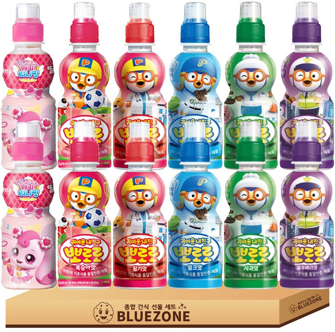 [블루존] 뽀로로 티니핑 어린이 음료 선물세트 뽀로로 밀크2 복숭아2 딸기2 사과2 블루베리2 티니핑딸기2, 12개, 200ml