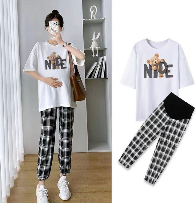 임산부 여름 세트 캐주얼 반팔 상의 하이웨이스트 체크 바지 상하의 투피스 루즈핏 기질 임부 세트 CY