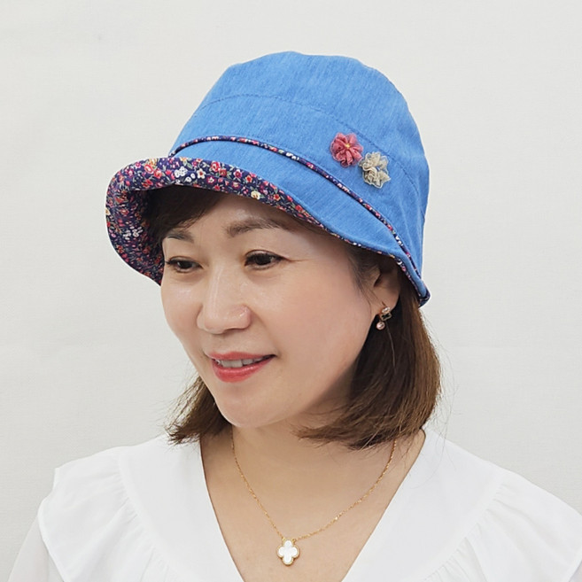 리틀 투플라워 데님 버킷햇 여성 벙거지 모자