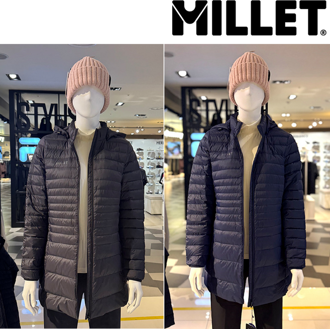 밀레 [가을겨울] 여자 중 힙 기장감으로 여성들이 선호하는 길이감의 초 경량 소재로 일상에서 입기 좋은 경량 다운 패딩 자켓