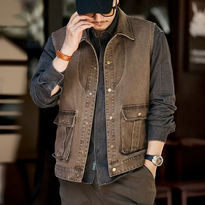 ROYALBELLE 남성 워크 스타일 데님 루즈핏 캐주얼 버튼 포켓 아웃도어 청베스트 U0081756