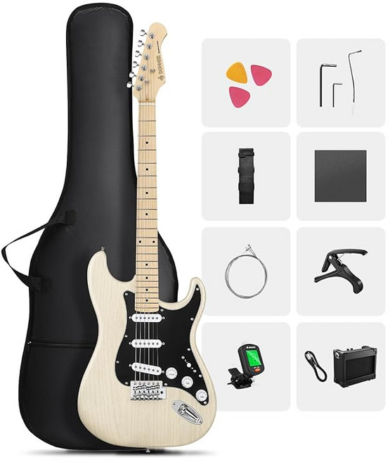 Donner 일렉트릭 기타 초보자 세트 ST타입 SSS 픽업 39인치 풀사이즈 미니 앰프 포함 전용 케이스와 튜너 등 액세서리 9종 세트 DST80 본 화이트, 1개, 상세페이지 참조, 상세페이지 참조