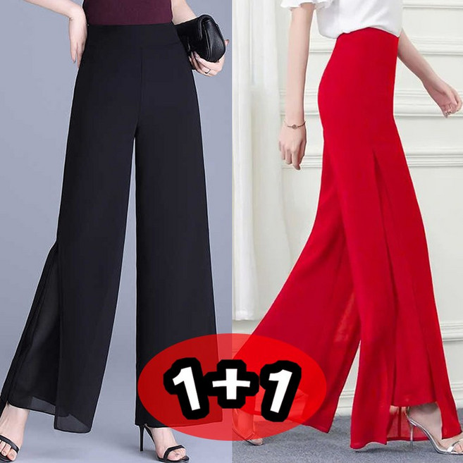 1+1 여성용 여름 빅사이즈 하이웨스트 트임 치마바지 와이드 쉬폰 팬츠
