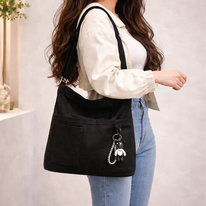 귀여운 곰돌이 키링 에코백 캔버스 가방 데일리 숄더백