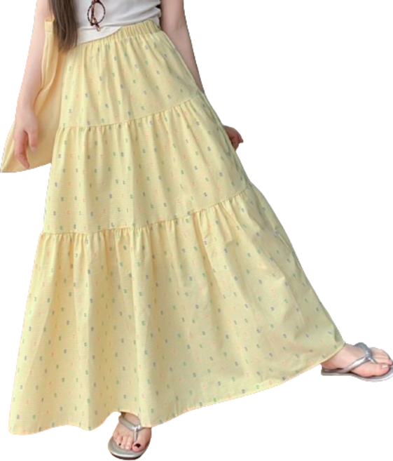 티티웍스 여성 캉캉 잔체크 도트 밴딩 플레어 롱스커트