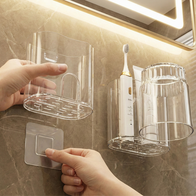 코레브 무타공 강력 접착 깔끔 관리 칫솔 꽂이, 투명, 1개