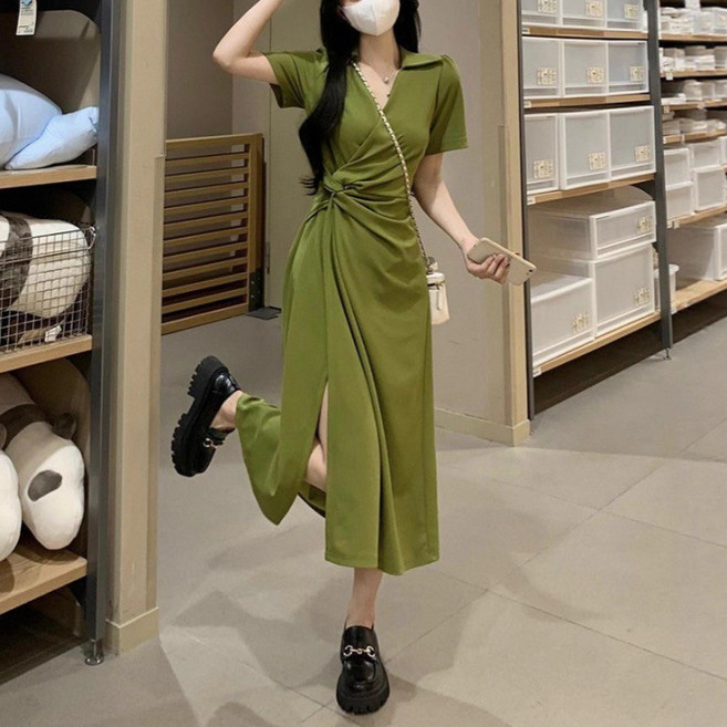 쁘띠꼬모 여성 카라넥 반팔 랩 원피스 셔링 트임 롱 슬림한 핏 데일리 오피스룩 GX2030405