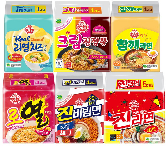 오뚜기 진라면 매운맛 5입+리얼치즈라면 4입+참깨라면 4입+진비빔면 4입+크림진짬뽕 4입+로열라면 4입, 6팩