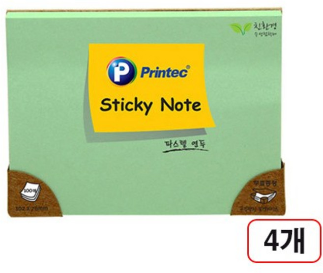 프린텍)스티키노트 파스텔(102x76mm100매), 연두10276G, 4개, 100매