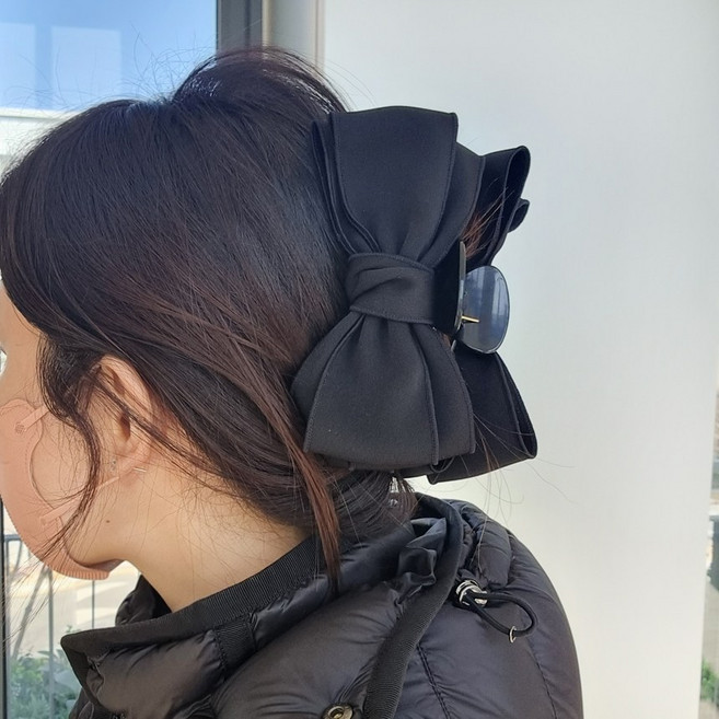 바이진주리본 세라 왕리본 올림머리 헤어 집게핀 업스타일 왕집게핀, 블랙 Black, 1개