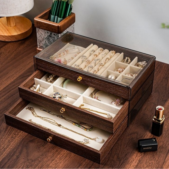 나띵베럴 3단 서랍형 슬라이딩 대용량 악세사리 원목 보석함, 호두나무 브라운, 1개